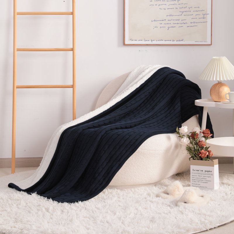 Navy Blue Cotton Cable Knit Sherpa Throw Blanket 51" x 67"