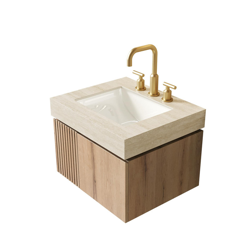 Meuble-lavabo 24 po avec plateau en pierre frittée, Chêne blanc, Beige