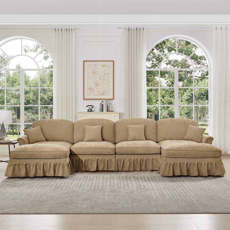 Canapé polyvalent en chenille avec volants détachables et configurations multiples, parfait pour les espaces de vie modernes et élégants