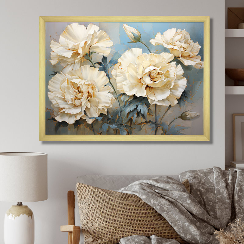 Oeillets beige sur fond bleu I - œillets, reproduction d'art mural, H 30 po x l 40 po x P 1,5 po, Cadre photo doré