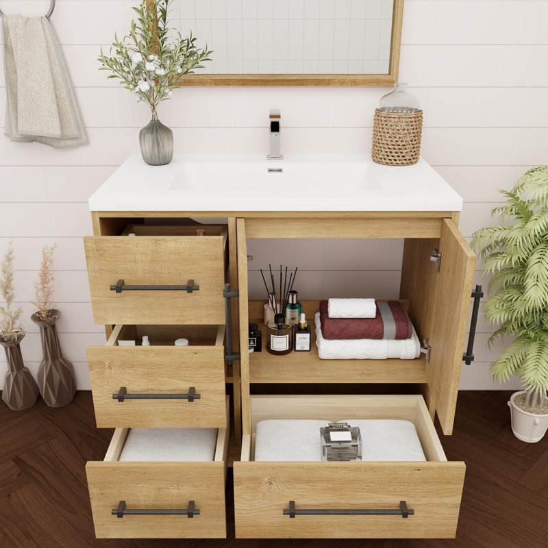 Meuble-lavabo simple 35,4 po avec plateau en acrylique Victoria, Chêne