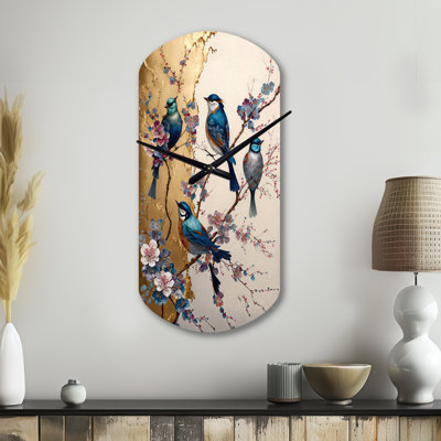 Multicolore oiseaux sur prunier II - horloge murale asymétrique en métal, impression d'horloge murale cylindrique moderne
