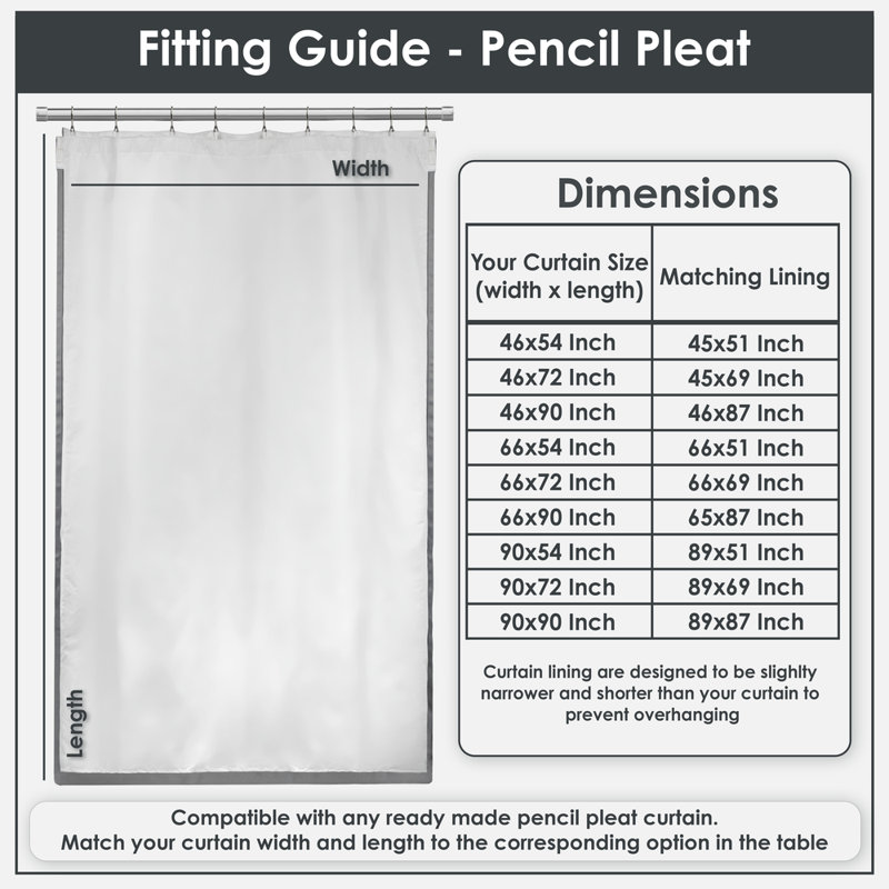 Total Blackout Curtain Lining For Bedroom And Living Room - Thermal Insulated Pencil Pleat, 116cm Width x 129cm Drop