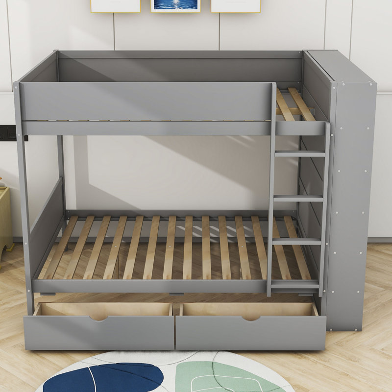 Aleiah Kids Twin Bunk Bed with Drawers, Full over Full, Gray