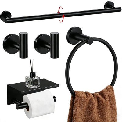 Ensemble d'accessoires de salle de bain 5 pièces noir mat, porte-serviettes mural de 24 pouces, porte-papier hygiénique avec tablette, quincaillerie de salle de bain en acier inoxydable SUS 304, porte-serviettes pour salle de bain, cuisine, salle de lavage