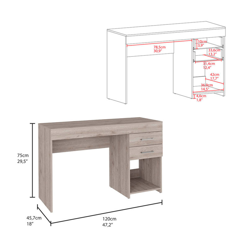 Ibare Two Drawer Computer Desk, One Lower Shelf -Light Gray, 29.5" H x 47" W x 18" D