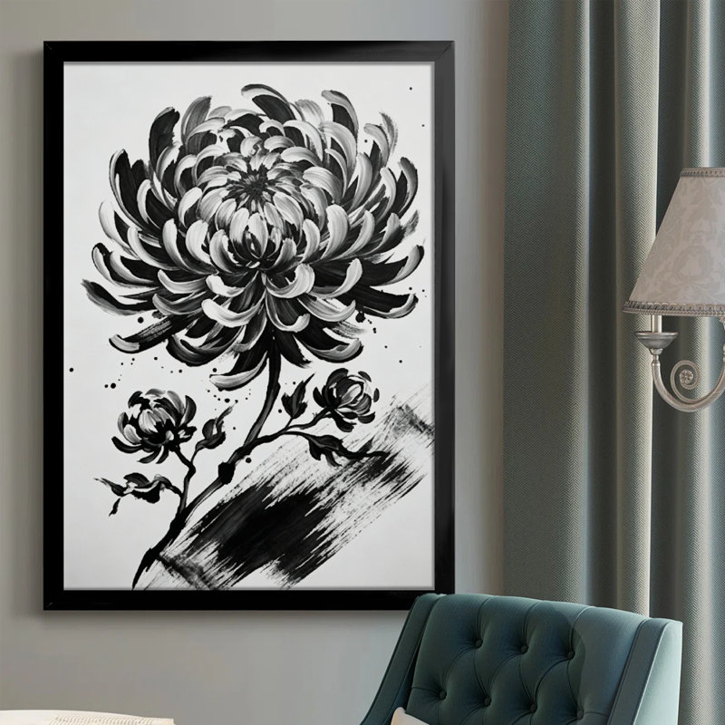 Abstrait moderne et moderne, grand chrysanthème en fleurs, petits bourgeons en dessous, style peinture à l'encre. Toile encadrée 24 "x 36" avec cadre en bois noir