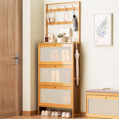 Shoe Cabinet With 3 Rattan Flip Drawers