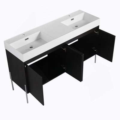Meuble-lavabo autoportant 60 po avec double lavabo en résine, armoire de rangement avec portes à fermeture douce (ensemble KD)