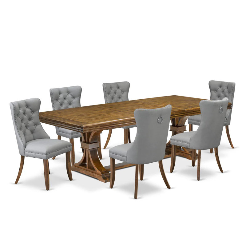 L'ensemble de salle à manger 7 pièces contient une table de cuisine rectangulaire et 6 chaises modernes en tissu de polyester gris clair, noyer antique