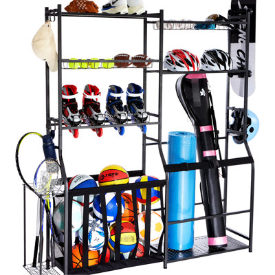 Garage pour le golf et autres articles de sport, support pour 2 sacs, chariot en acier pour l'extérieur, tablettes avec crochets, noir, grande capacité, matériau, équipement pour l'utilisateur dans le garage, porte-équipement, conception facile à utiliser