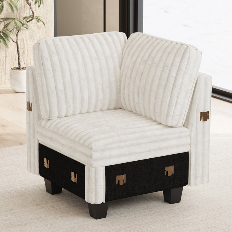 Isolde Wide Plush Corduroy Corner Seat Module Part D  For Modular Sofa, Beige