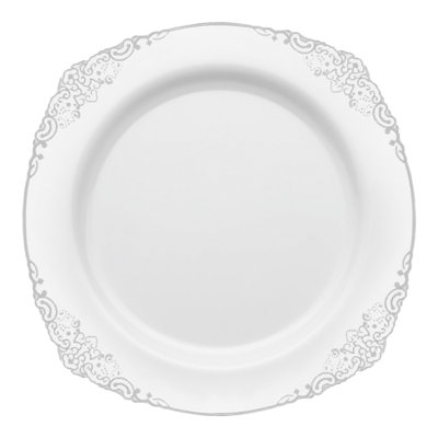 White with Silver Fancy Round Disposable Plastic Salad Plates (7.5") - 120 Plates