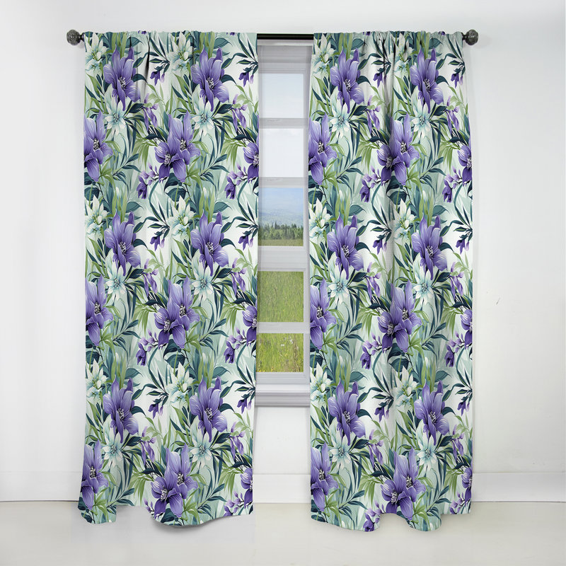 Rideau occultant floral vert et mauve à motif de sérénades tropicales II - 1 panneau, L 52 po x L 95 po
