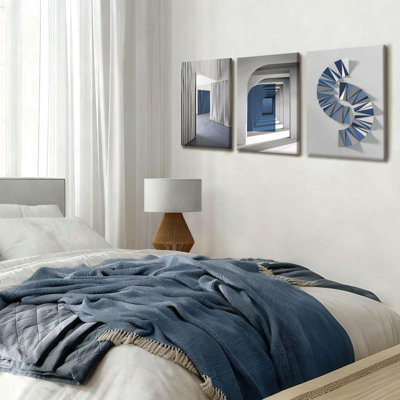 3 pièces abstraites sur toile bleue, peintures minimalistes neutres, affiches géométriques grises, architecture moderne, image, salon, chambre à coucher ou bureau, décoration murale 12 po x 16 po