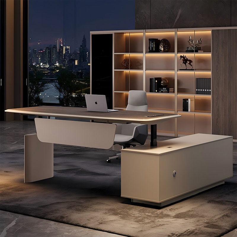 Bureau 78,74 po moderne à hauteur réglable brun de forme irrégulière, H 29,53 po x l 78,74 po x P 31,5 po