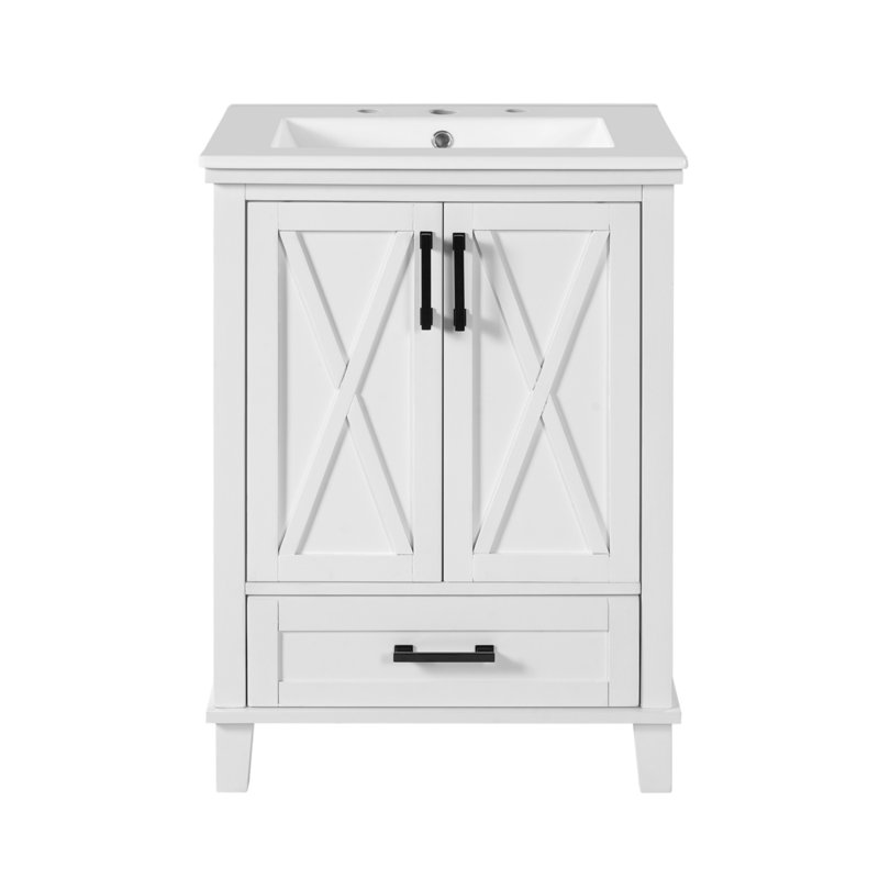 Meuble-lavabo de 24 po, conception à un bassin, 2 portes d'armoire à fermeture en douceur, 1 tiroir compartimenté, tablette de rangement à deux niveaux, blanc