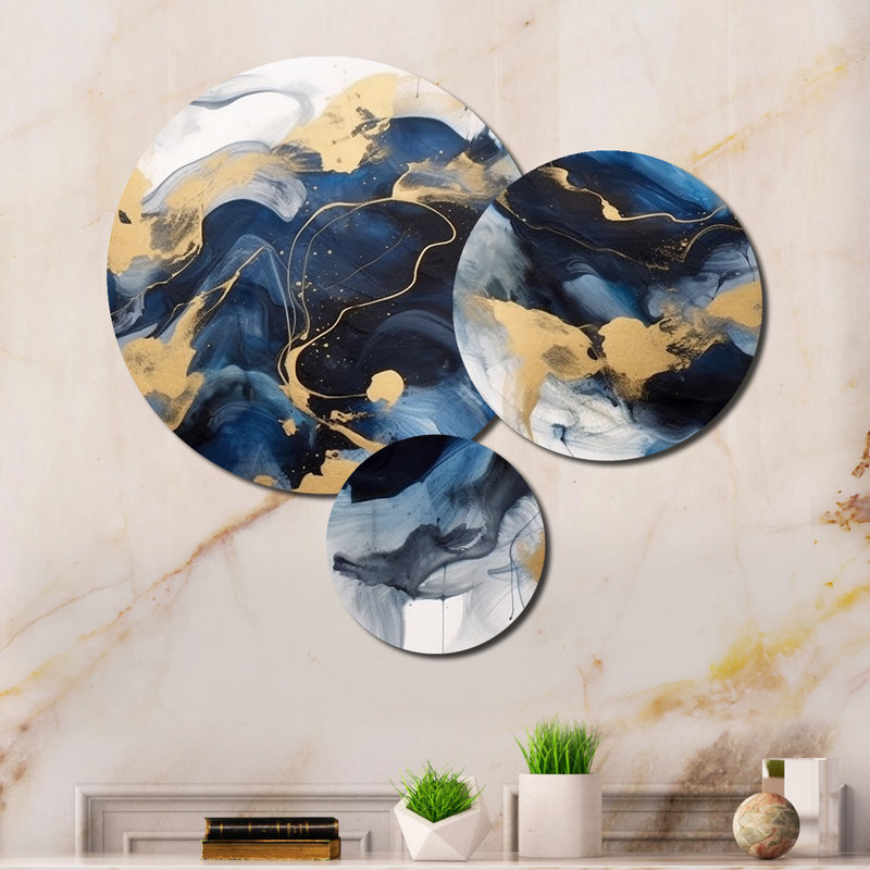 Dark Blue and Gold Strokes XII - Fractals Metal Wall Art Prints Set