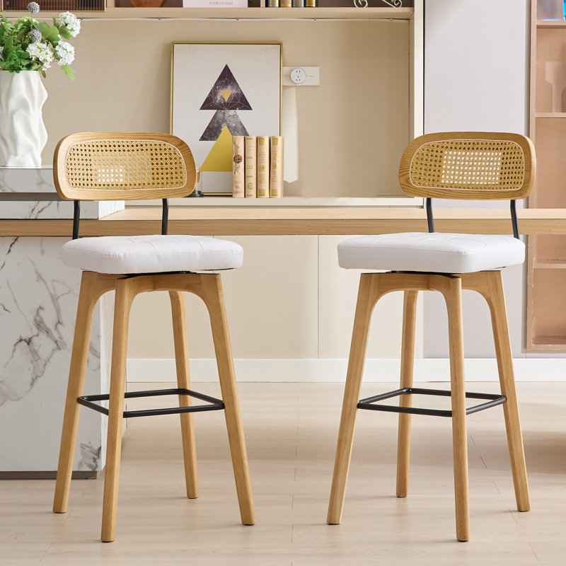 Ikhlas Swivel Bar Stool (Set of 2), White Seat/Natural Frame, 2, Bar Stool (30" Seat Height)