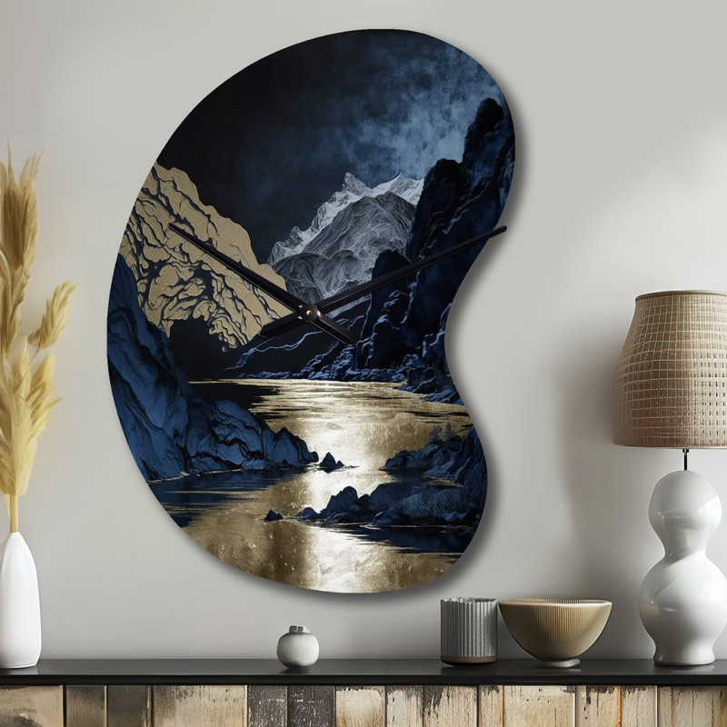 Gold Frosted River And Mountain III - Boom Shape Large Forest River Mountains 3D Wall Clock, Small