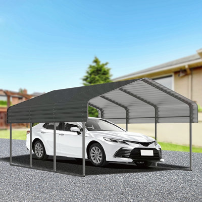 Abri de voiture en métal 10 x 15 pi avec base améliorée et toit en acier galvanisé, abri de voiture extérieur robuste pour voiture, bateaux et camion