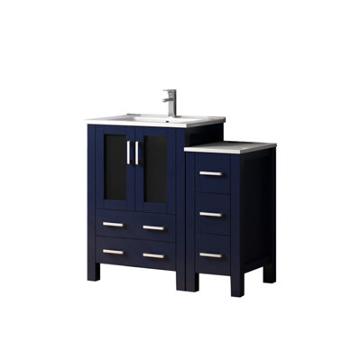 Navy Blue Single Bath Vanity 36 In. Wide, 18.25 Deep, With Faucet And Storage Space W Interior Cabinet, Faucet, Top