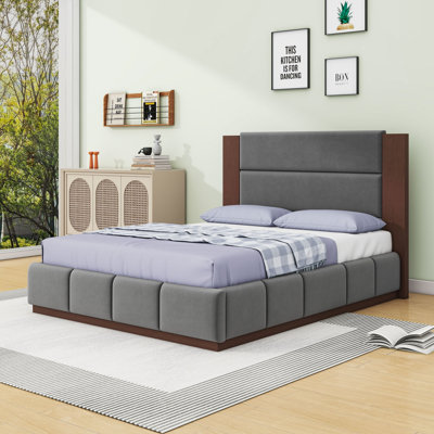 Minimalist Upholstered Platform Bed Frame with Wood Slat System