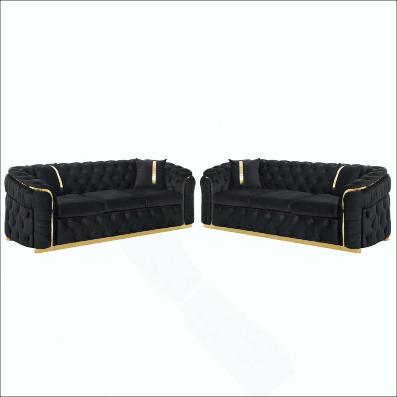 2PCS Velvet Button Tufted Sofa Couch With 2 Pillows, 3 Seater Luxury Chesterfield Sofa Set With Gold Stainless Steel Accents For Living Room