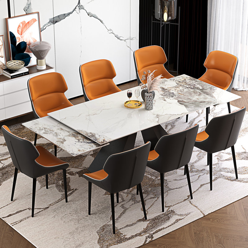  Modern Dining Table Set With 78.7''-110'' Extendable Faux Marble Top And 8 Faux Leather Dining Chairs, Orange, Chanel