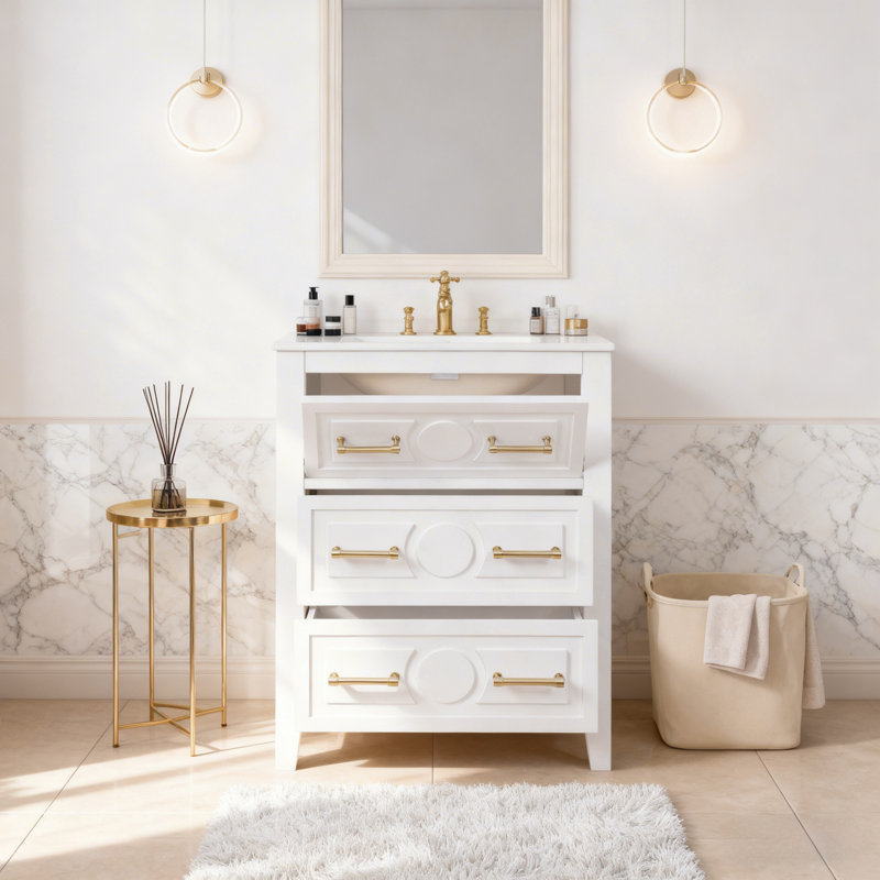 Armoire de rangement autoportante avec lavabo et tiroirs, White