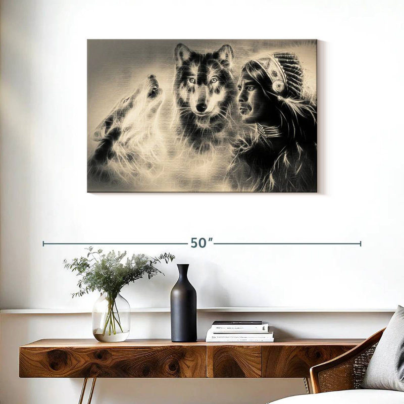Leisha Native American Wolf Warrior, 24" H x 36" W