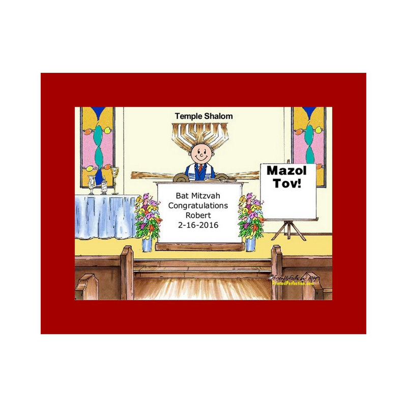 Personalized Bar Mitzvah Cartoon Caricature with a Mat, Ready to Frame, Yes