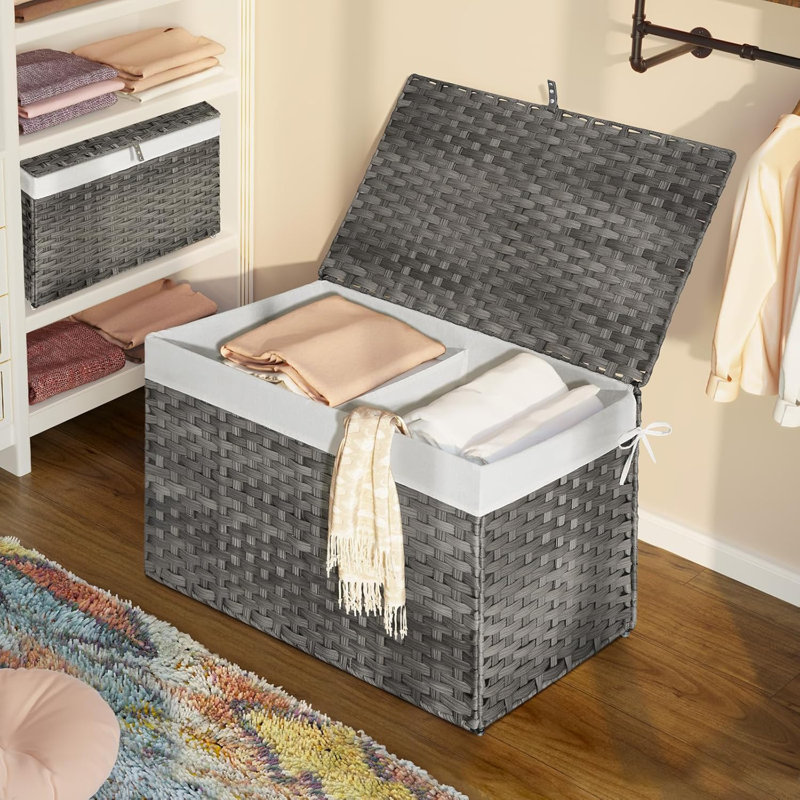 Storage Basket with Lid, 17.2 Gallon(65L) Small Wicker Blanket Storage Basket with Handles, Foldable, 2 Removable Liner Bags, Metal Frame, for Bedroom, Laundry Room