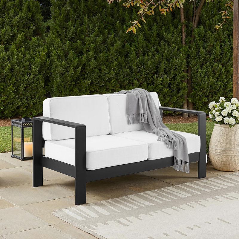Magers 56.5" Wide Outdoor Rectangle Loveseat with Cushions, Black Frame/White Cushion