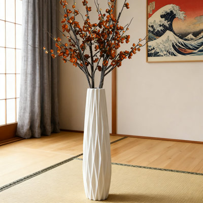 Vase de plancher en céramique blanc de 28 pouces de hauteur, grand vase décoratif moderne pour la décoration de salon de bureau à domicile, vase glacé glacé avec motif en origami