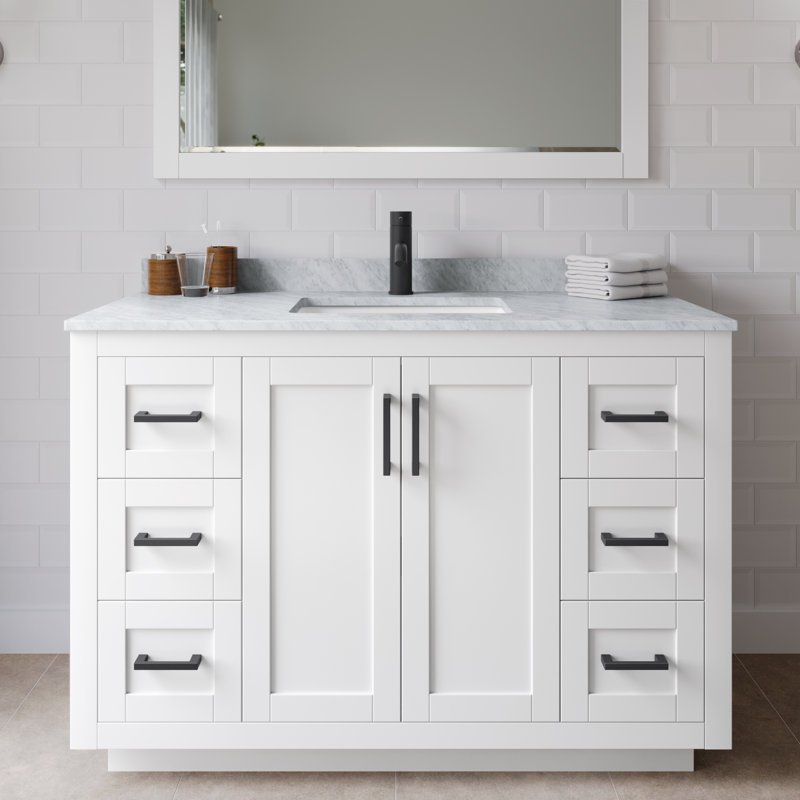 Ensemble de meuble-lavabo simple autoportant avec plateau en marbre Miranda, Blanc, Noir mat