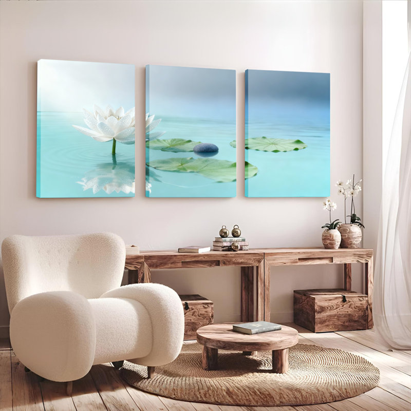 Ensemble de 3 toiles murales représentant des lotus blancs et un bassin de nénuphars, pour la décoration du salon, de la chambre ou d'un spa.