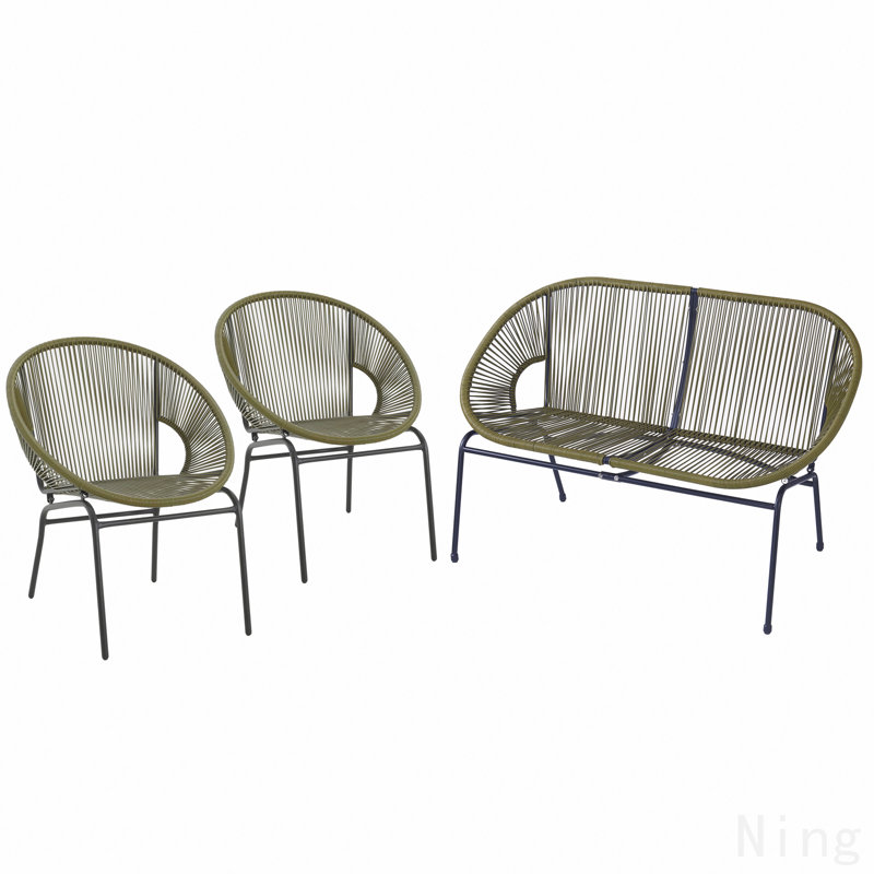 Ensemble de conversation d'extérieur en métal 3 pièces, osier vert, 2 fauteuils club et causeuse 1 pièce