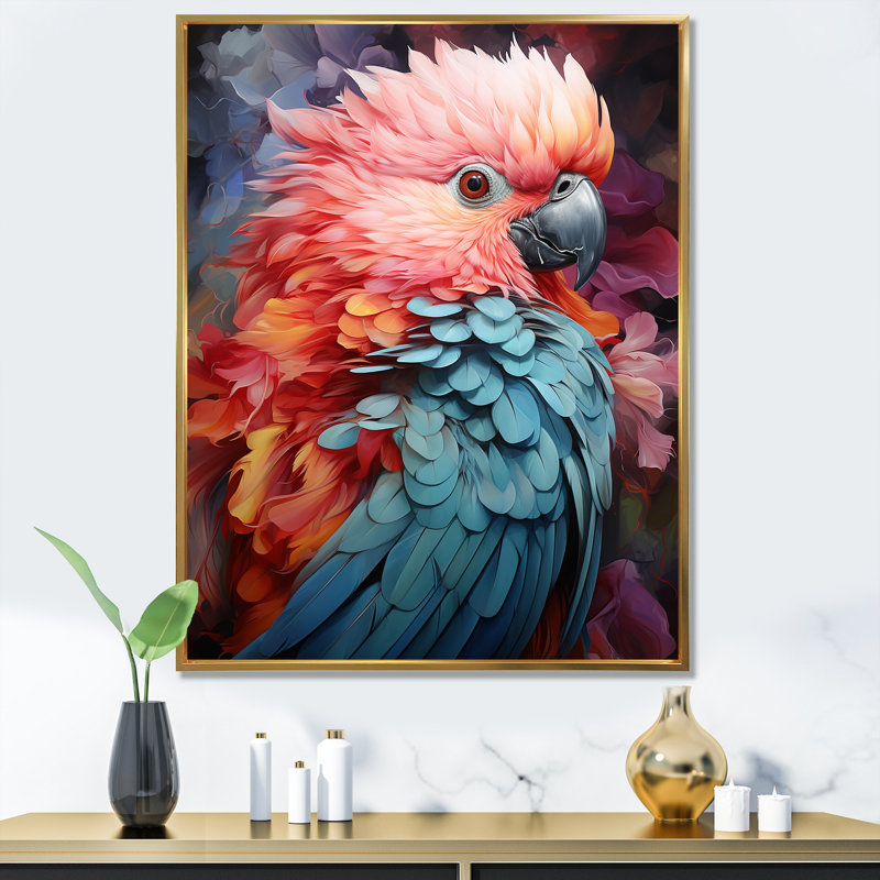 Plumes d'harmonie roses et bleues, H 32 po x l 24 po x P 1 po, Cadre flottant doré