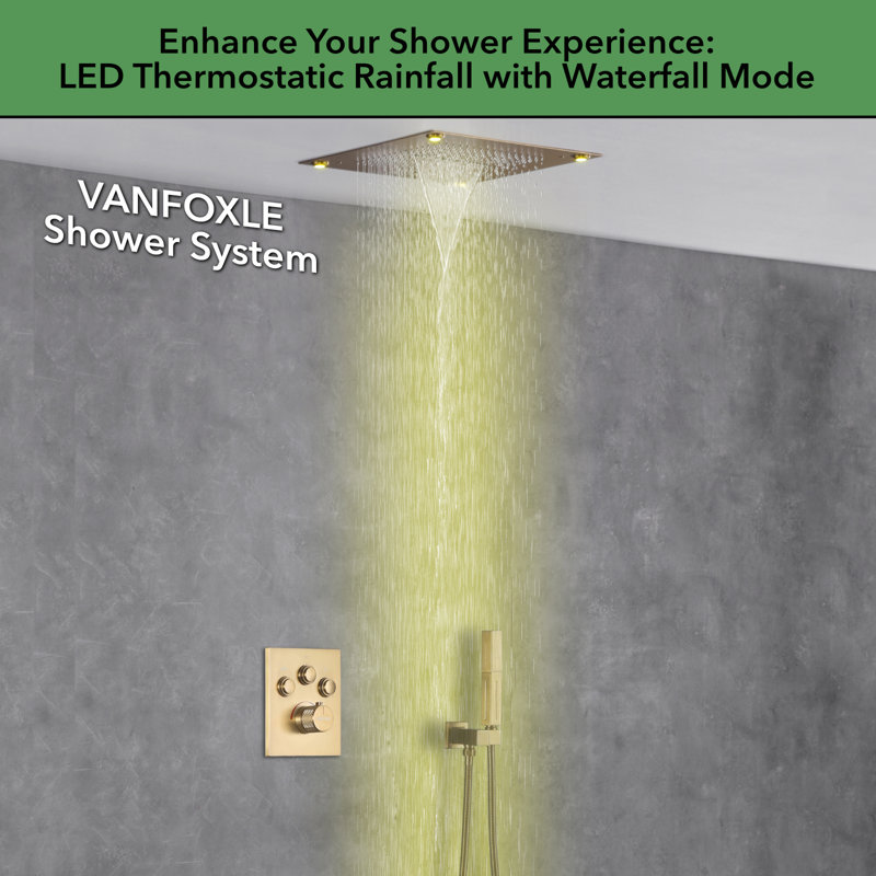 Brushed Gold Thermostatic LED Ceiling Mounted Shower System