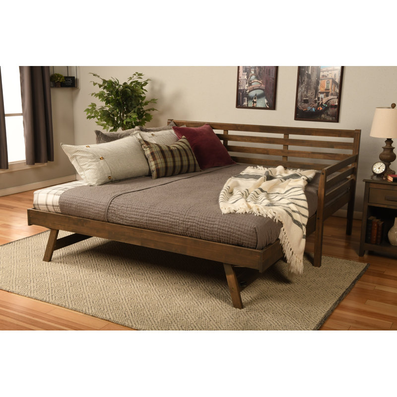 Lit de jour et lit escamotable avec matelas Alhamdi Boho, Lin pierre, Noyer rustique