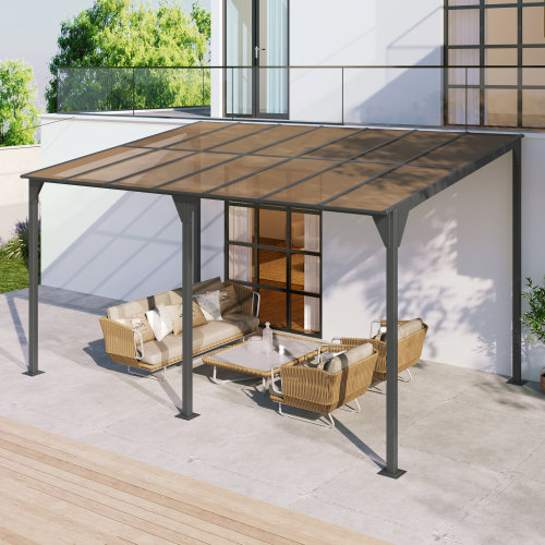 Wall-Mounted Gazebo 14.76*9.22 FT Outdoor Pergola Gazebo Awning Gazebo with Roof, Powder-Coated Iron Frame and with PC Roof Panels Outdoor Sloped Design Shelter for Deck, Garden, Backyard
