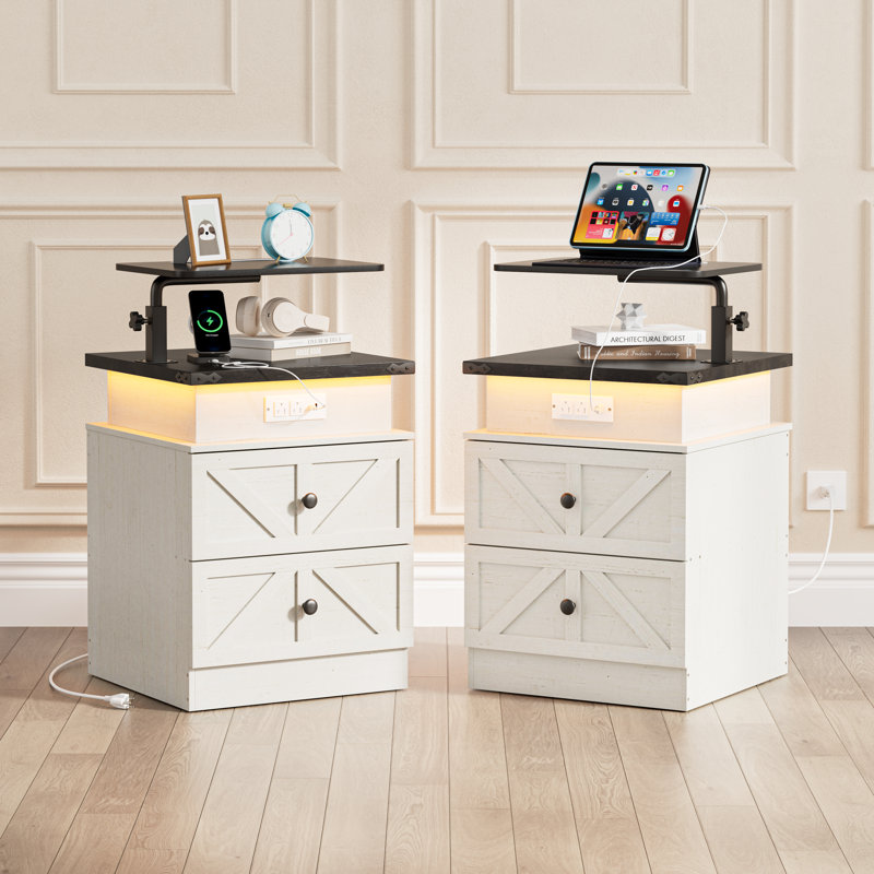 White Farmhouse Night Stands with Charging Station and LED Light