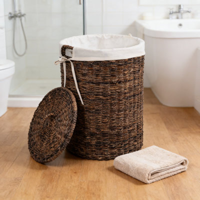 Seagrass Laundry Hamper With Lid And Removable Liner - Handwoven Natural Basket With Handles For Dirty Clothes Storage - Organizer For Bathroom, Bedroom, Laundry Room