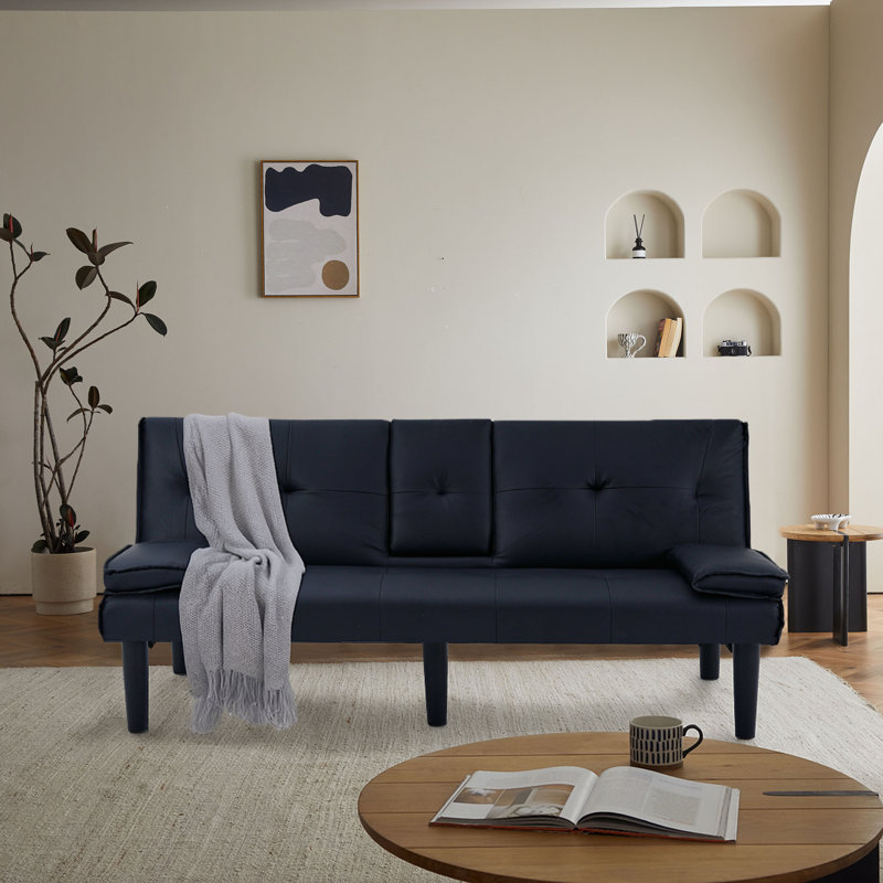 Classic PVC Upholstered Convertible Futon Sofa Bed with Cup Holders, Black Faux Leather