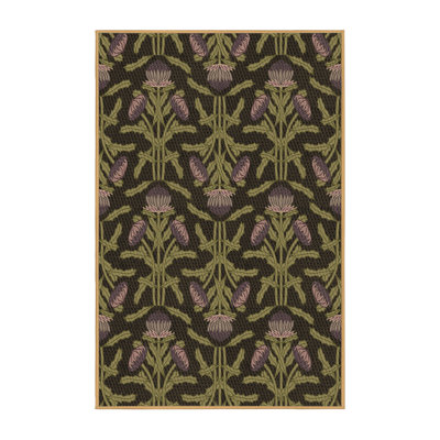 Tapis vert / mauve en laine à motif floral