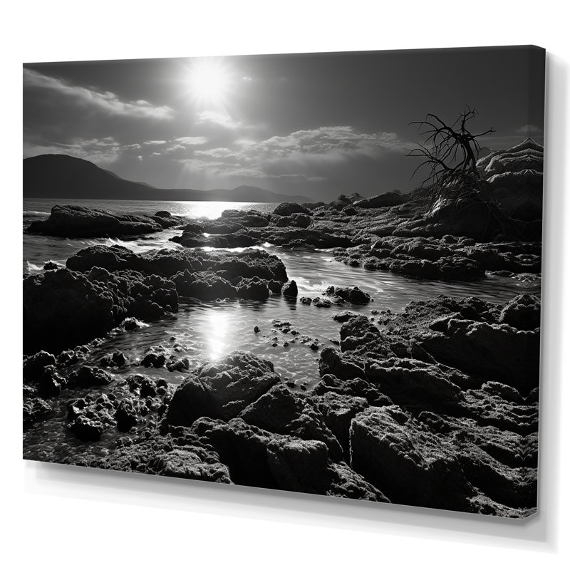 Plage rocheuse noire et blanche sur toile, H 30 po x l 40 po x P 1,5 po, Toile tendue