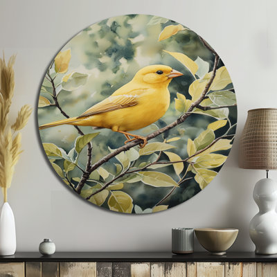 Golden Finch In Springtime I - Modern Yellow Metal Art Print, Bird Round Metal Wall Decor