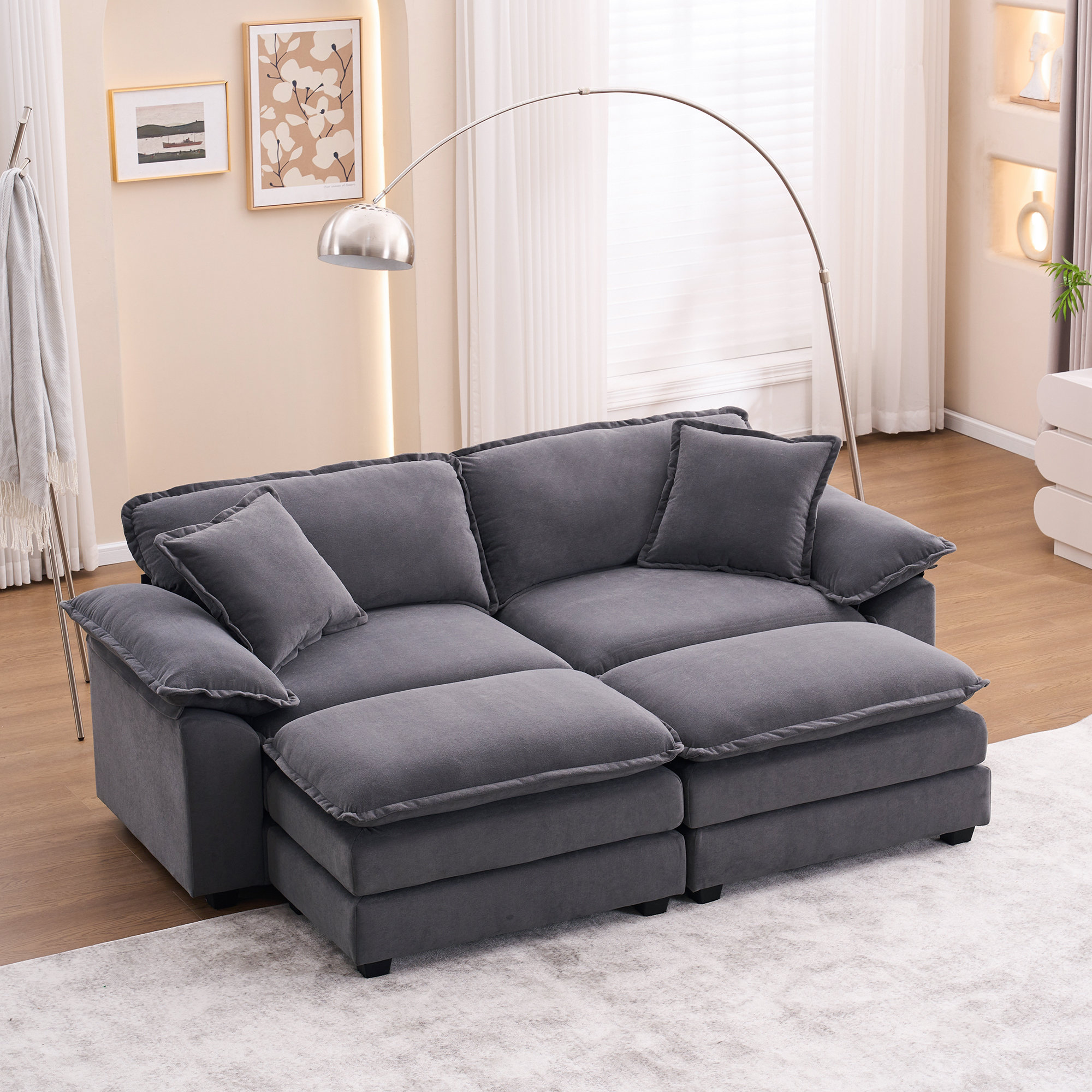 Hallam 84.6'' Oversized Upholstered Sofa, Comfortable Corduroy Velvet Cloud Couch, Modular Combo Loveseat with 2 Ottomans