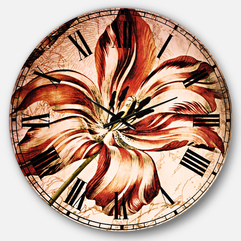 Horloge murale rouge à motif floral rouge avec papillon, Surdimensionné
